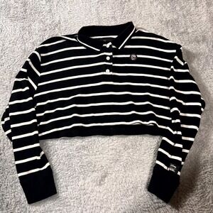 Disney Vans Cropped Polo Shirt Womens Small Black White Striped Cotton Outdoor
